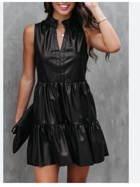 Fate Black Sleeveless Tiered Faux Leather Mini Dress w/side zip. Size Large EUC